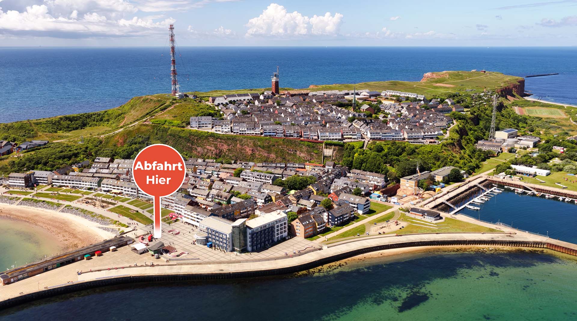 Helgoland Unterland Übersicht mit Abfahrtsort der Inselbahn